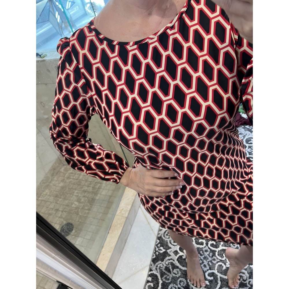 Jude Connally Womens Medium Honeycomb Print Red Ivory Black Retro Shift Dress